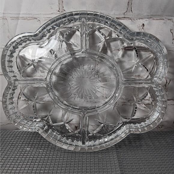 Laura Glass Tiffany Pattern 5 Section Divided Crystal Platter Tray Portugal - Picture 1 of 9